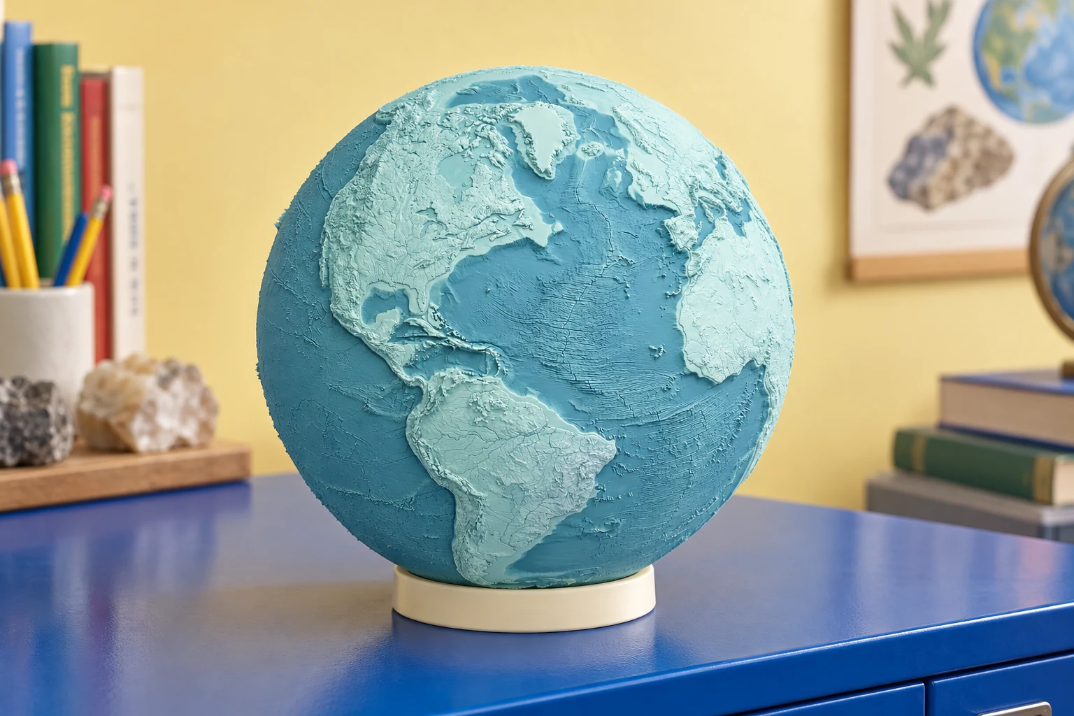 AI-generated concept of a pale aqua 3D-printed Earth globe with terrain and river detail on a low cream stand in a bright science classroom.