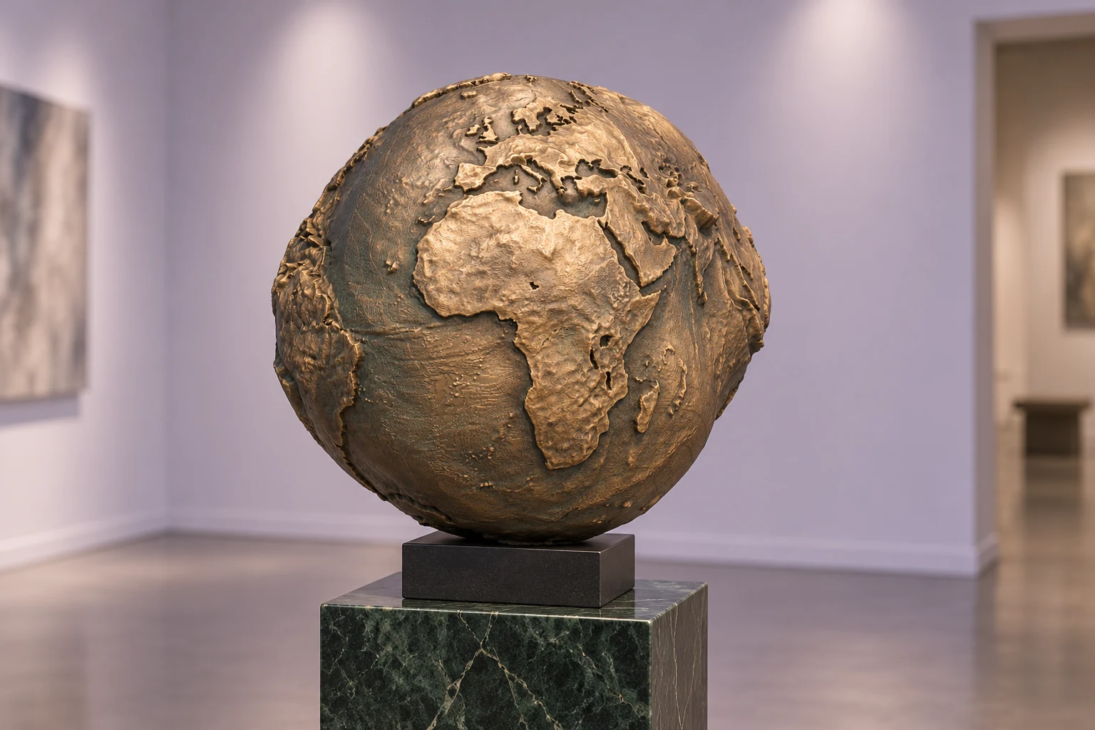 AI-generated concept of a bronze-finished 3D-printed artistic Earth geoid sculpture with an uneven form on a green marble gallery pedestal.