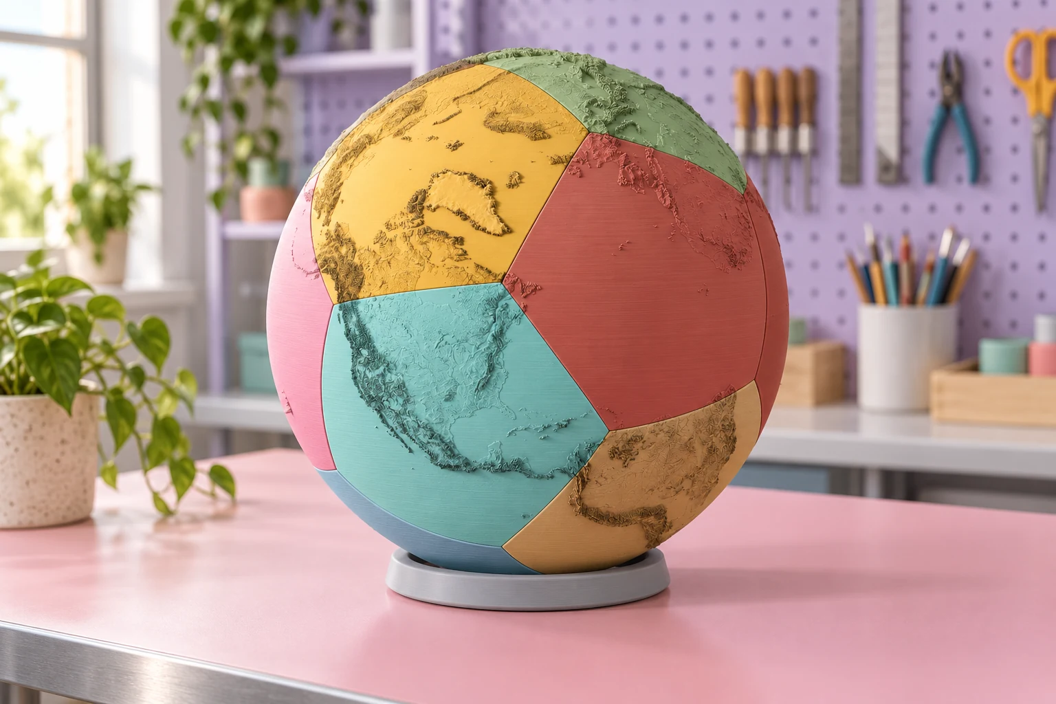 AI-generated concept of an assembled rounded Earth globe with coloured curved pentagonal printed sections on a ring stand in a pastel creative workshop.