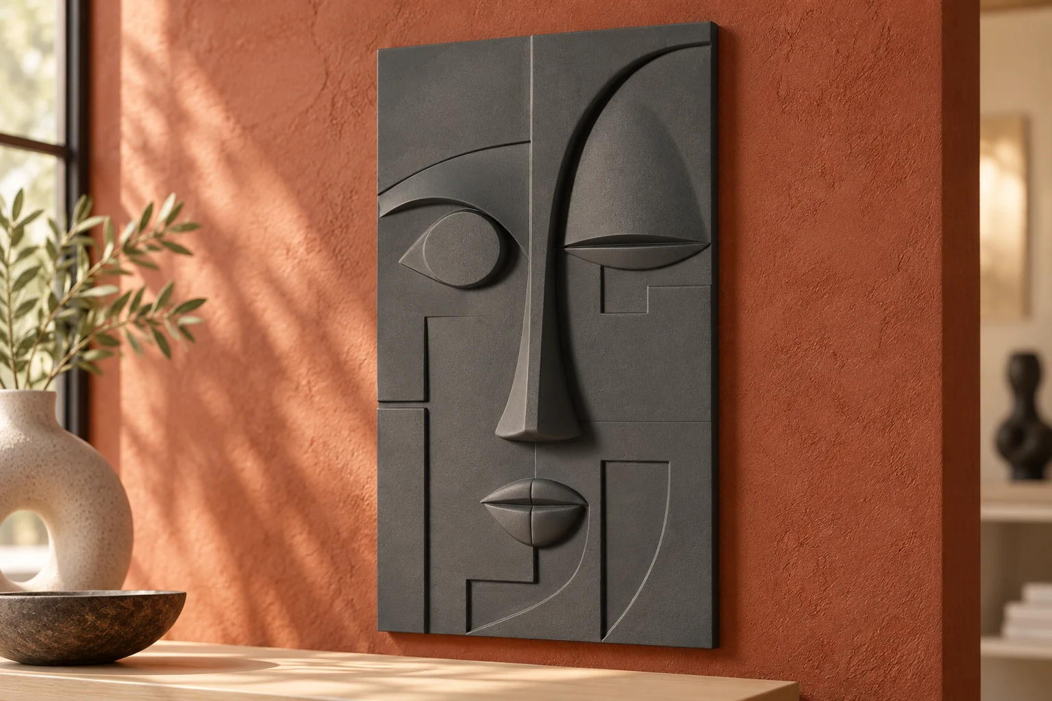 AI-generated concept of a charcoal-grey printed geometric female-face relief on a rust-red design-studio wall.