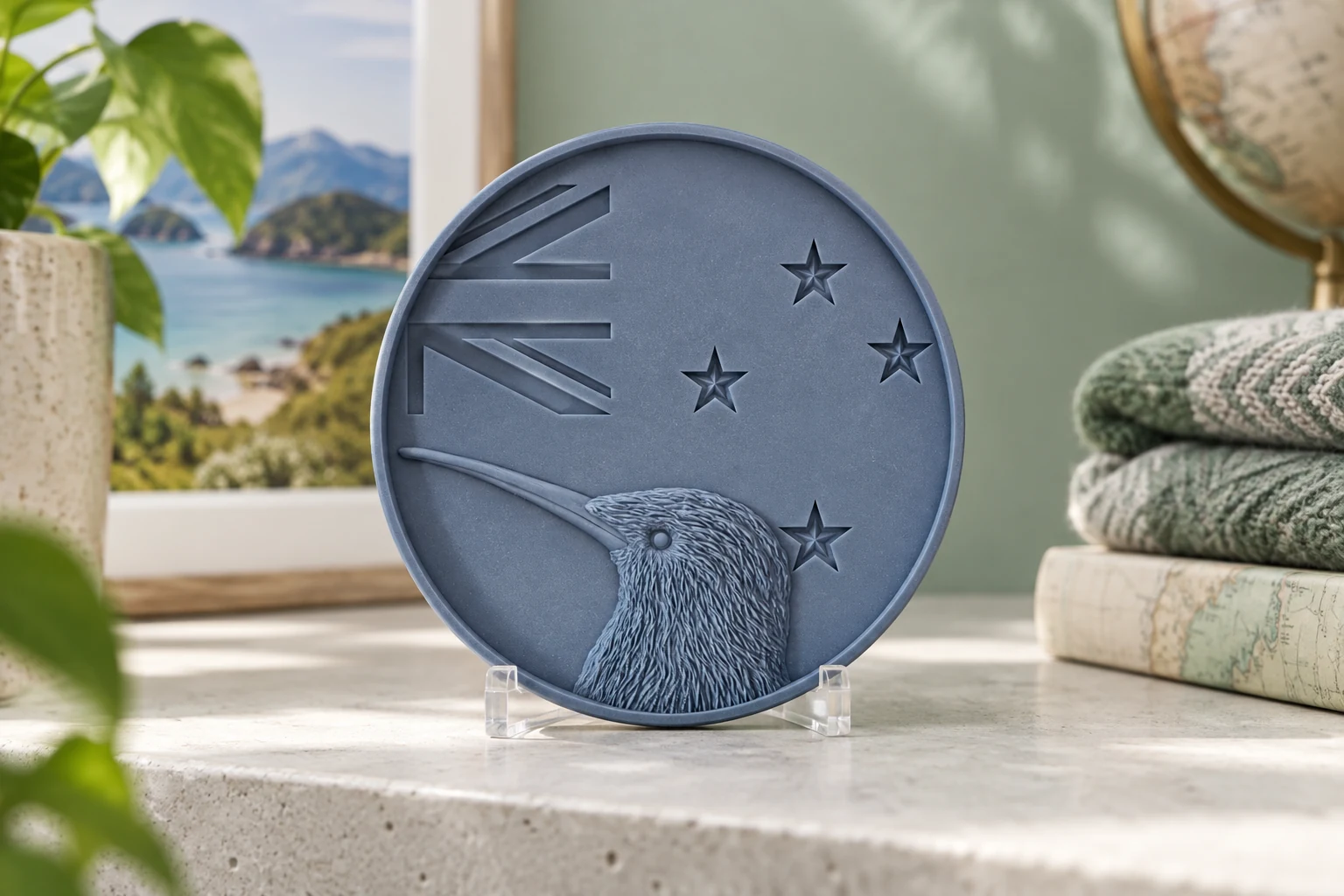 AI-generated concept of a slate-blue printed New Zealand medallion with kiwi head and flag relief on a clear support in a reading corner.