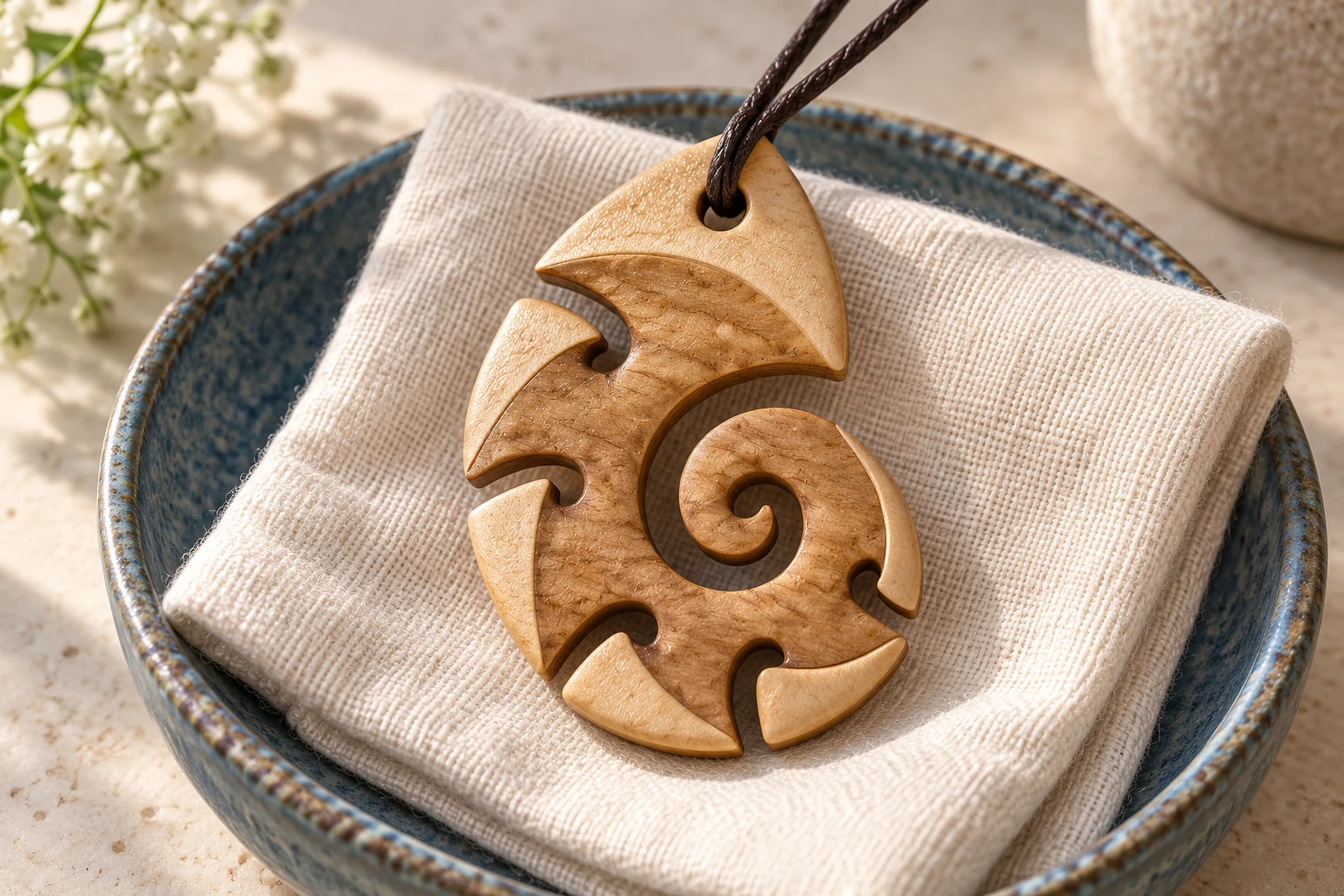AI-generated concept of a maple CNC-carved Nautilus spiral pendant with dark cord on linen in a blue ceramic tray.