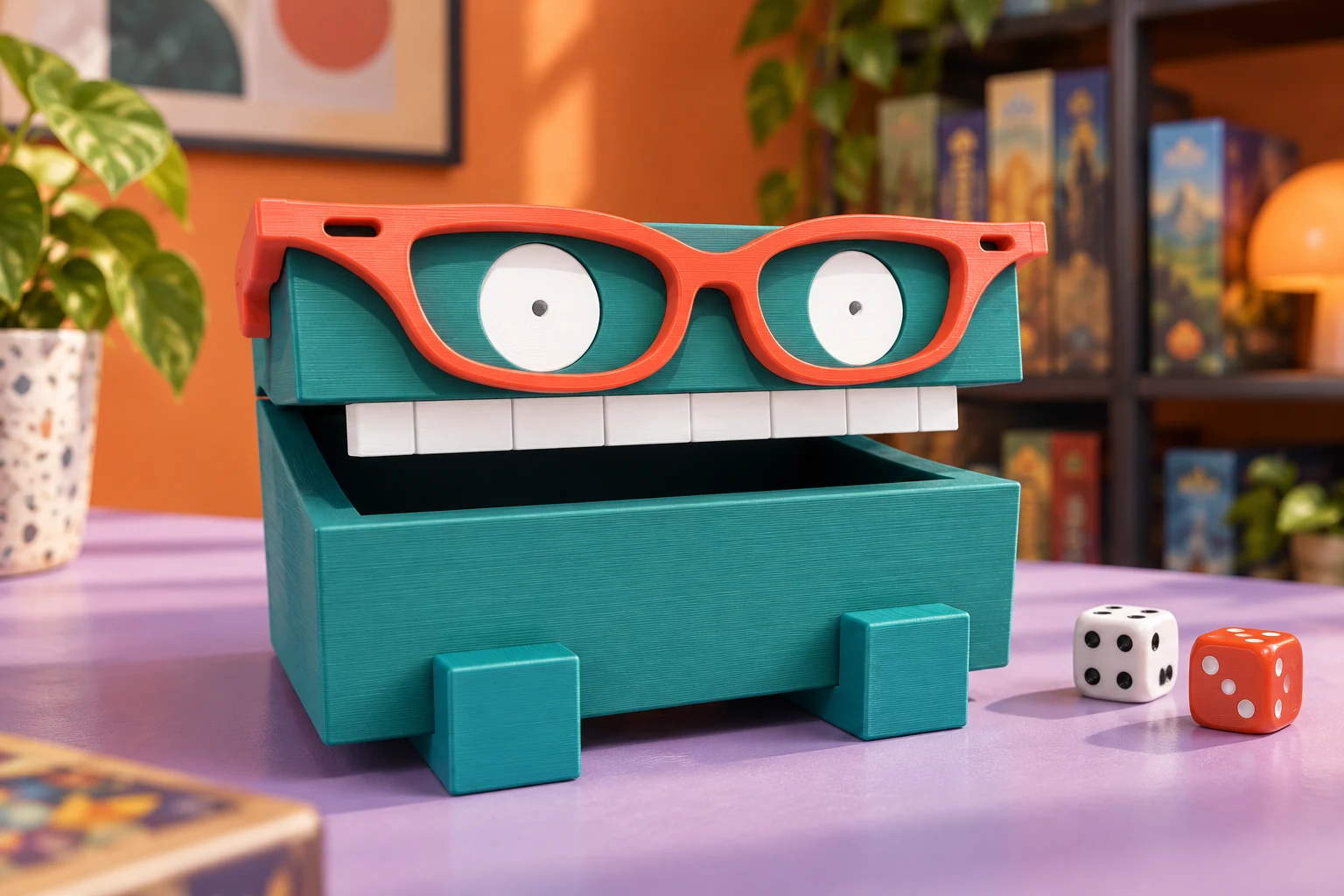 AI-generated concept of a teal printed Zombie Monster storage box with orange glasses and open lid on a lilac board-game table.