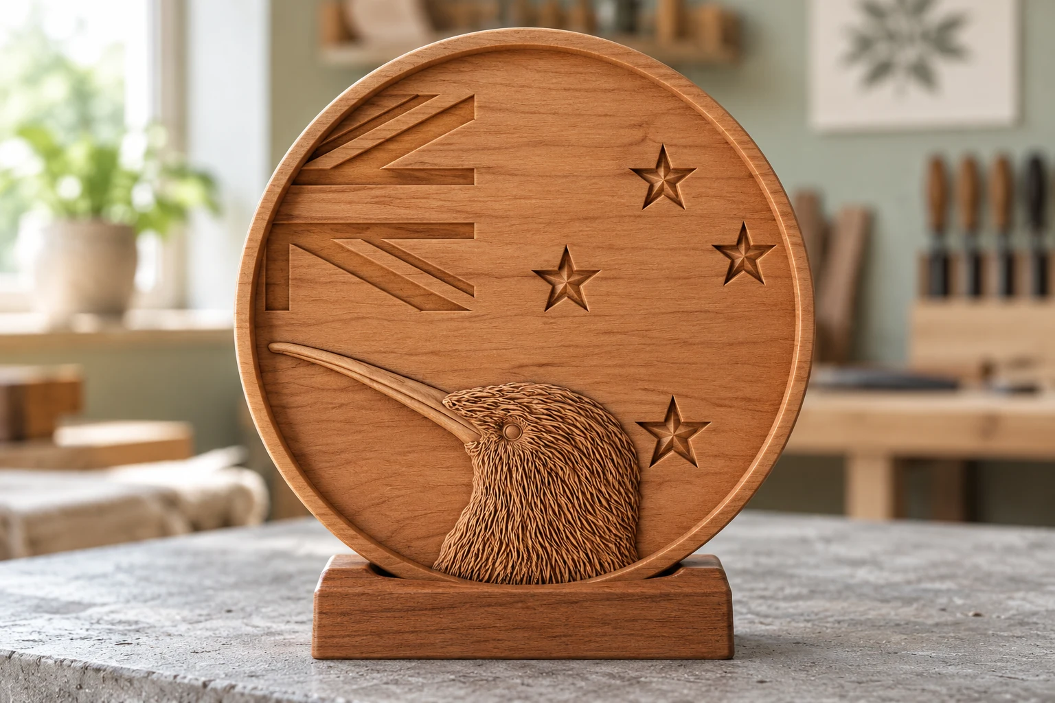 AI-generated concept of a cherry-wood CNC New Zealand Kiwi medallion on a wooden support in a bright workshop.