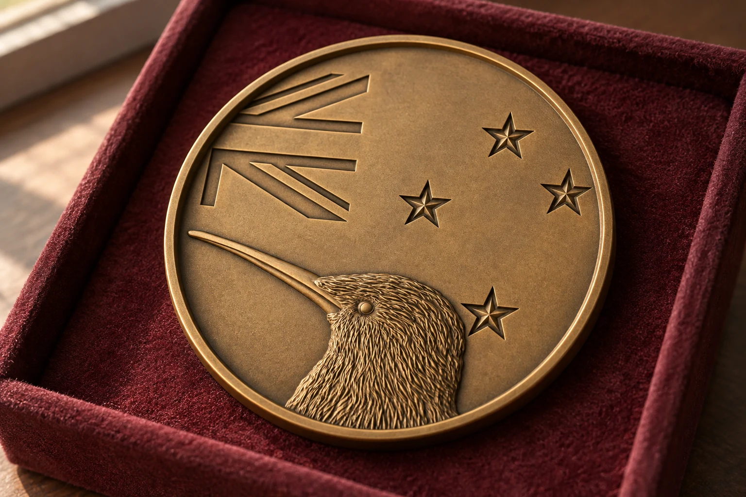 AI-generated concept of a bronze-finished resin-print New Zealand Kiwi medallion in a burgundy suede tray.