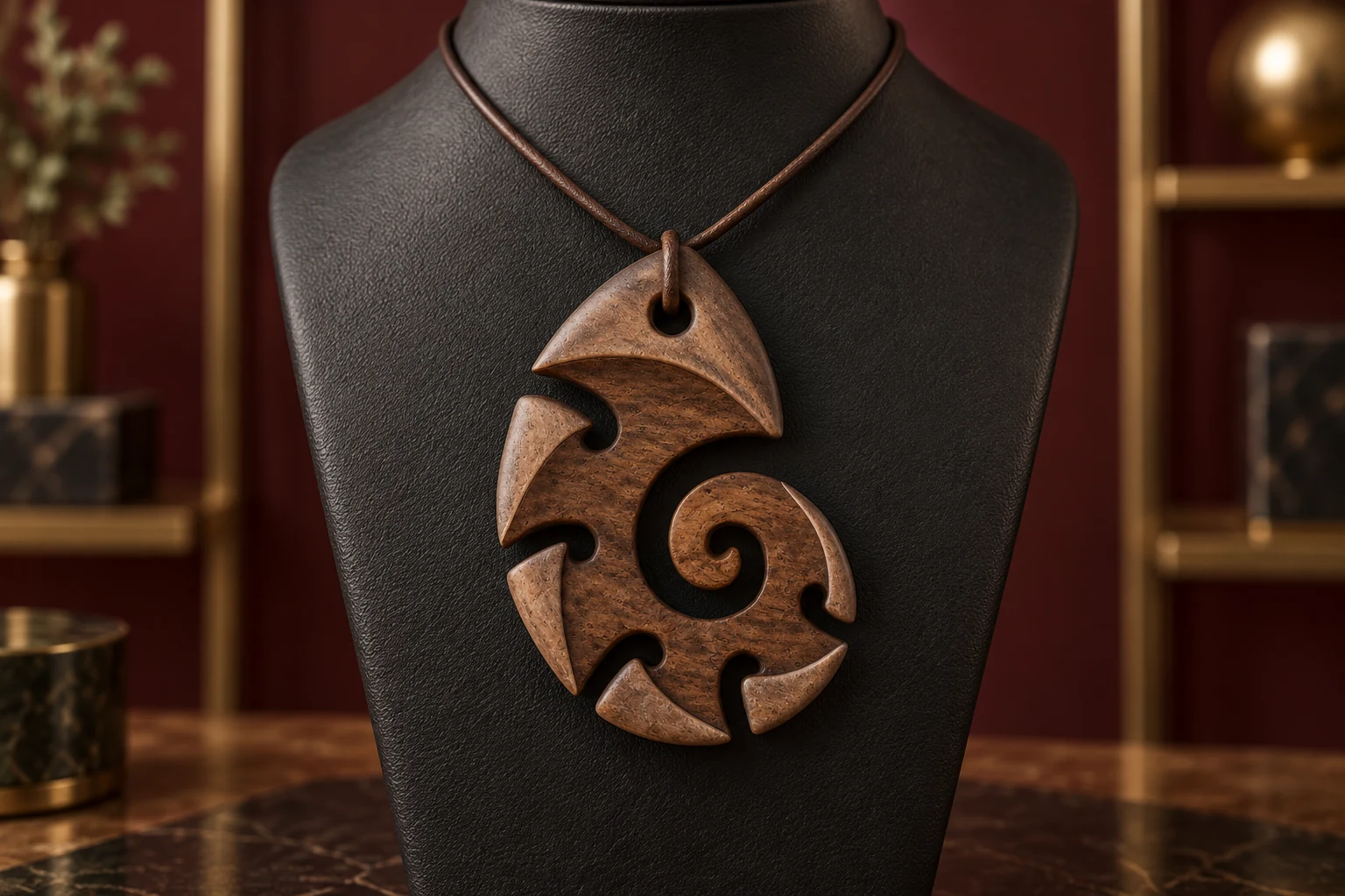 AI-generated concept of a walnut CNC-carved Nautilus spiral pendant on a black jewellery stand in a burgundy boutique.