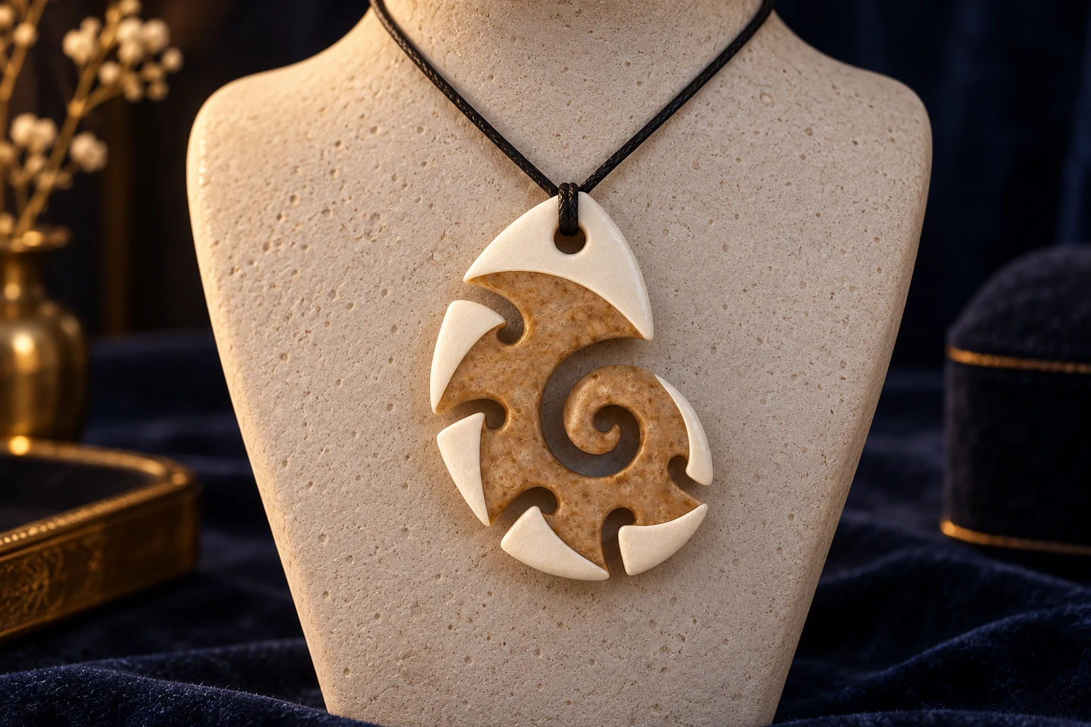 AI-generated concept of an ivory-accented resin-printed Nautilus spiral pendant on a stone bust against navy velvet.