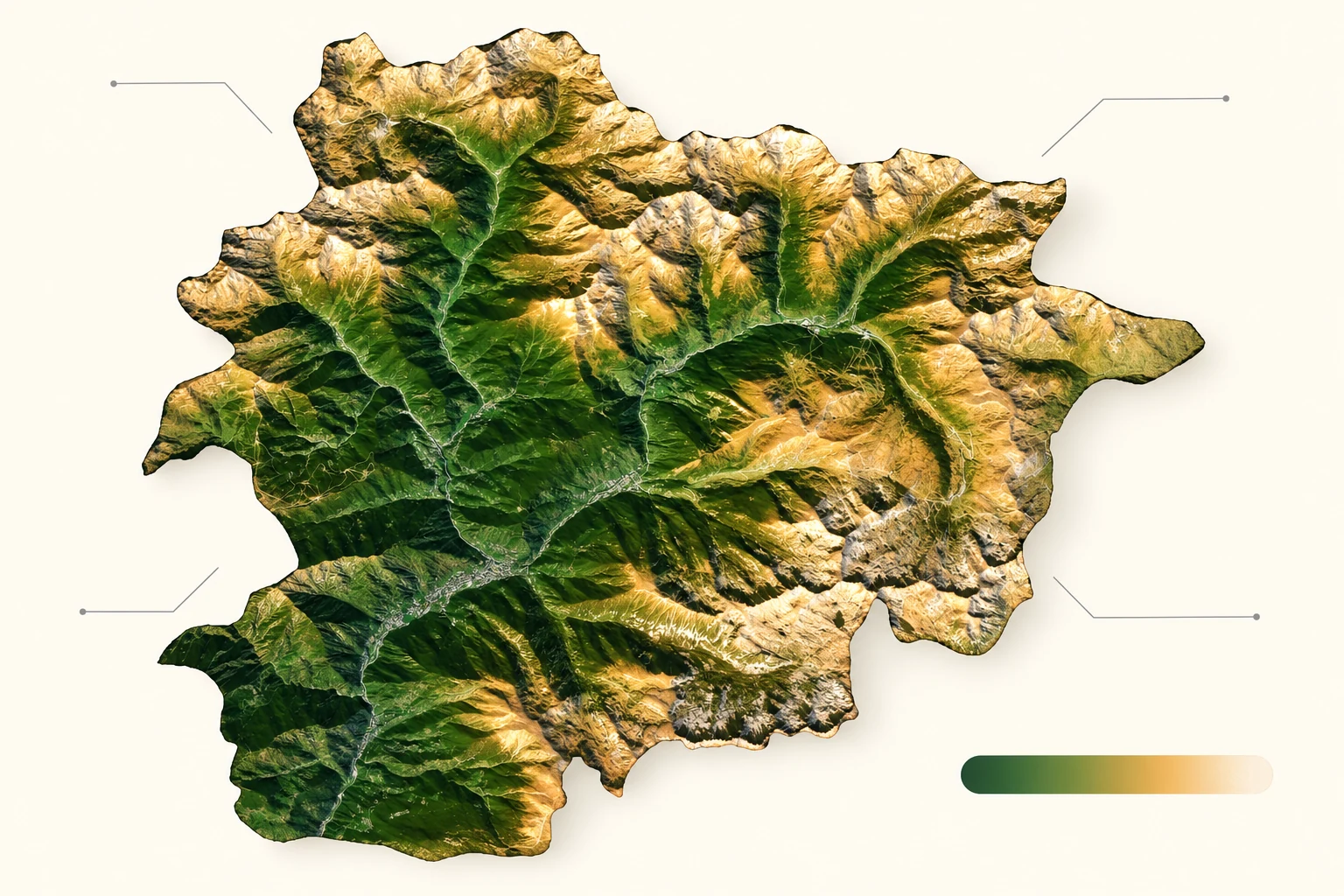 AI-generated Andorra educational terrain illustration concept with an illustrative green-to-gold palette.