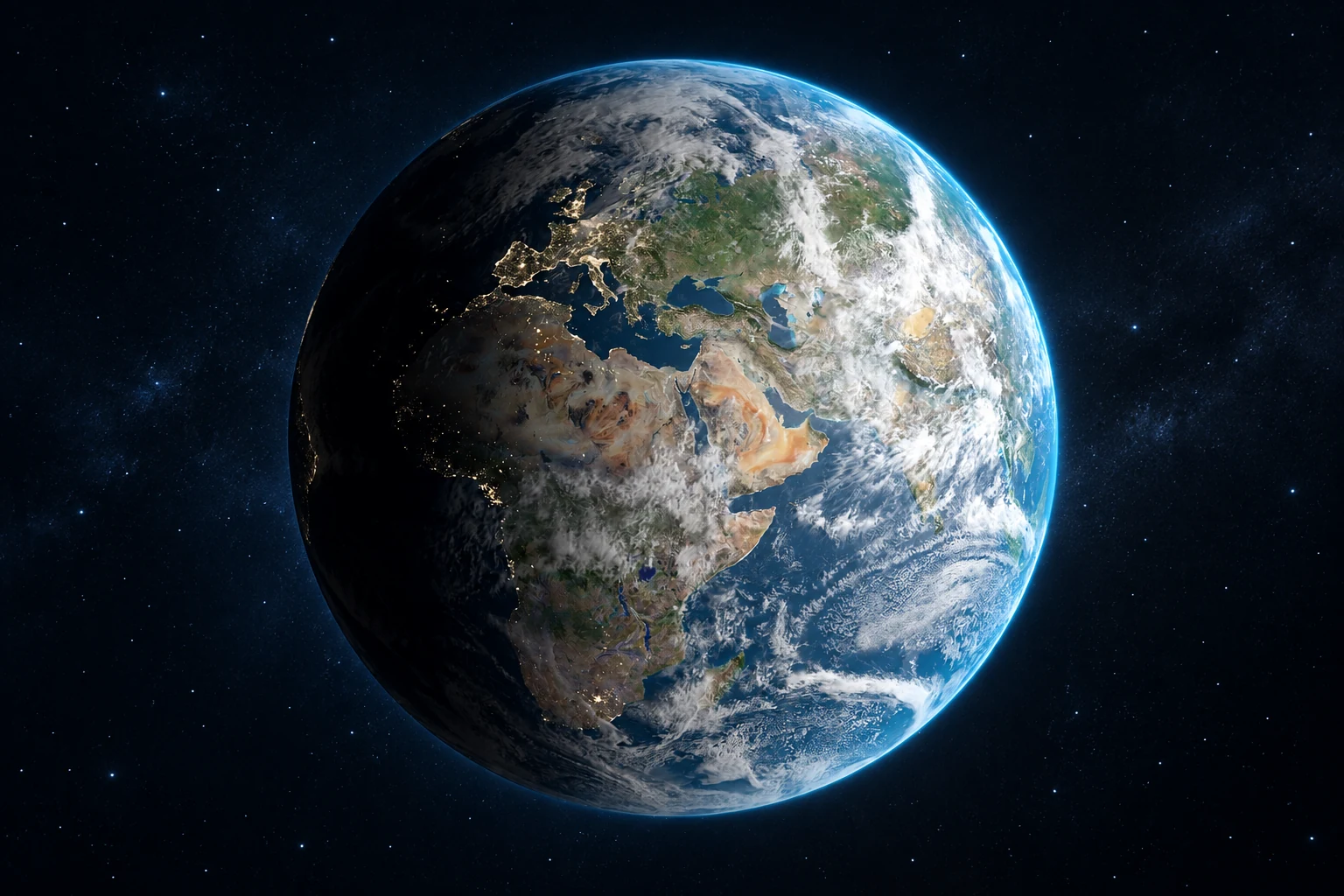 AI-generated Earth animation scene still concept with clouds, night lights and a blue atmospheric rim.