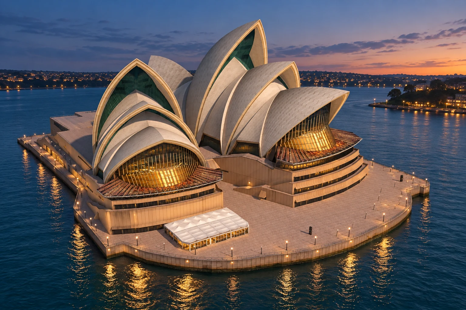AI-generated Sydney Opera House architectural scene concept with evening lighting and harbour reflections.
