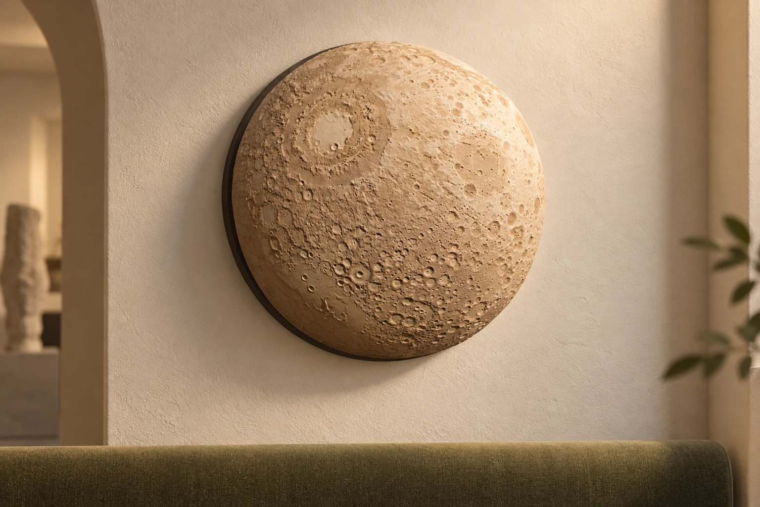 AI-generated concept of a maple CNC-carved Moon hemisphere on a round backing above an olive bench in a museum alcove.