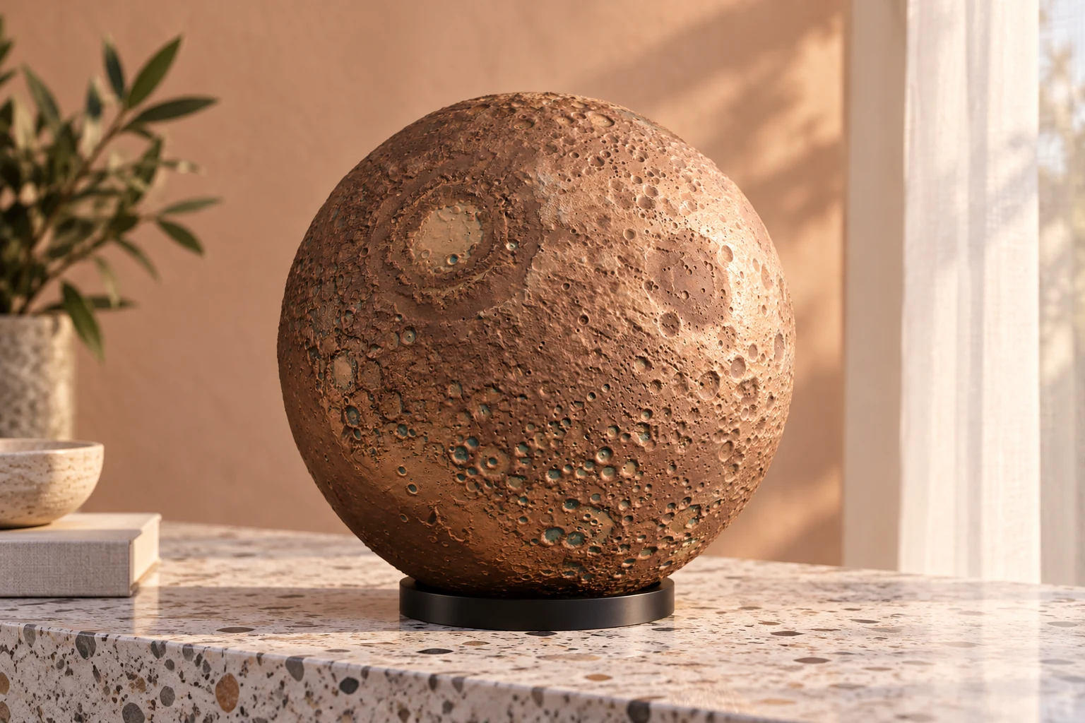 AI-generated concept of a copper-finished printed Moon globe on a black ring and terrazzo ledge in a peach-toned interior.