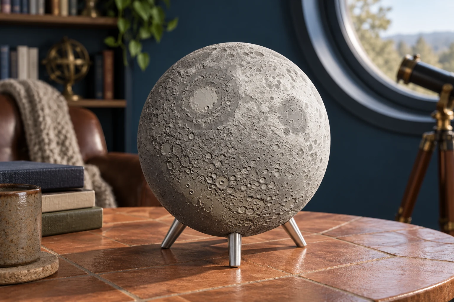 AI-generated concept of a grey 3D-printed Moon globe with lunar craters on an aluminium cradle in an observatory lounge.