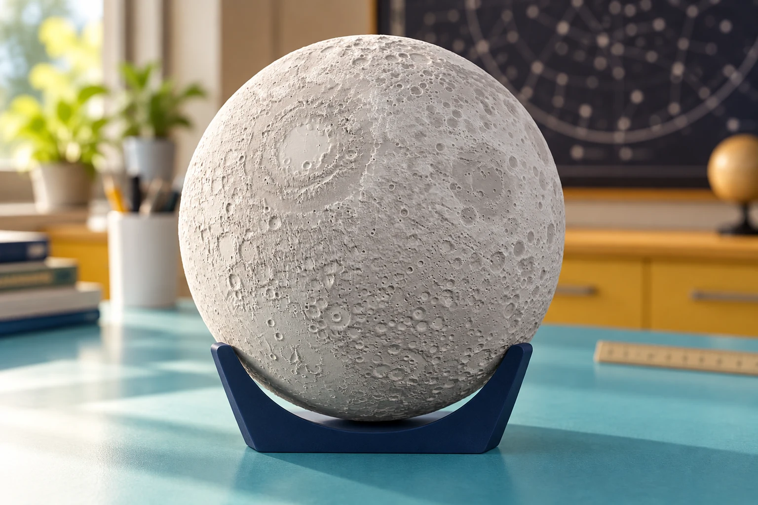 AI-generated concept of a white 3D-printed Moon globe on a blue cradle in a bright astronomy teaching room.